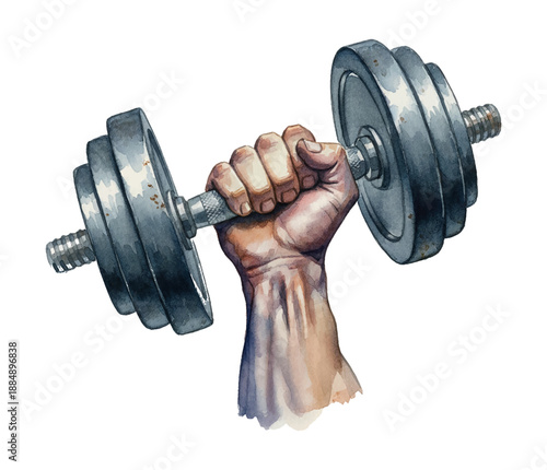 Muscular Hand Firmly Holding a Metal Dumbbell Showing Strength and Workout in Watercolor Style