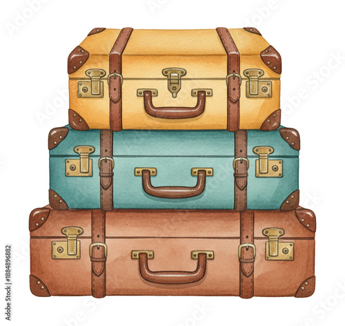 Stack of vintage colorful suitcases ready for an adventure trip with classic old travel bags