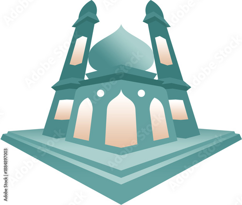 Stylized Mosque Illustration with Symmetrical Minarets and Dome