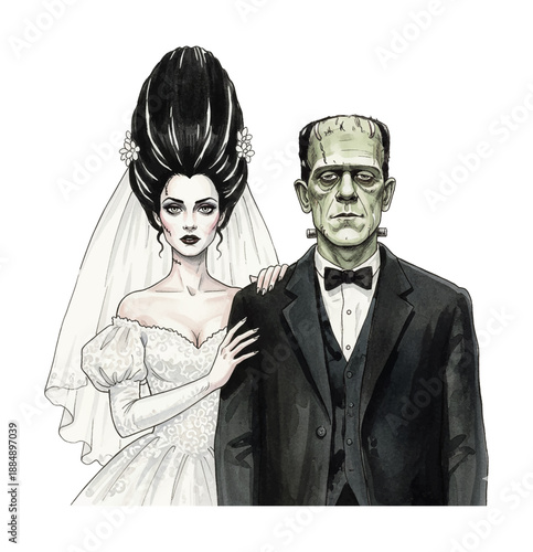 Serious Bride of Frankenstein and Monster Wedding Couple Portrait Classic Horror Illustration Style