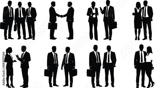 Silhouettes of business professionals interacting, shaking hands, conversing, collaborating, networking, teamwork, corporate communication, agreement, and professional workplace lifestyle illustration