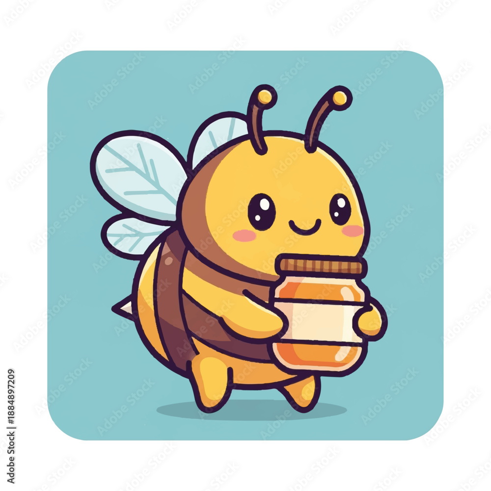 Obraz premium Cartoon Bee Character Holding Honey Jar.