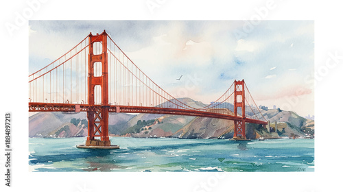 Golden Gate Bridge watercolor painting iconic landmark spanning blue water and green hills under a cloudy sky scenic view