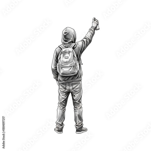 Person in hoodie with backpack raising spray can for graffiti street art viewed from behind