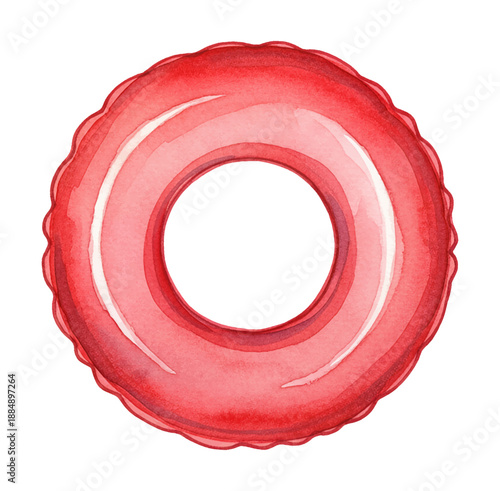 Red inflatable swimming ring float device painted in watercolor style for summer vacation