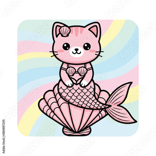 Pink Cartoon Cat Mermaid Illustration.