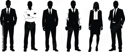 Vector illustration of six business professional silhouettes, men and women in corporate attire, diverse poses for design, workplace, animation, and communication reference