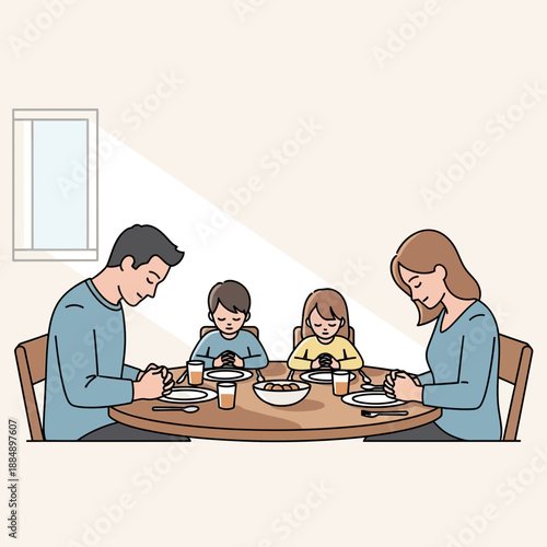 Family praying before meal, togetherness, gratitude