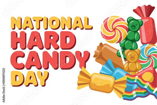 A colorful illustration celebrating National Hard Candy Day with various candies and sweets