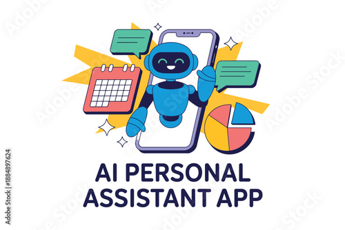 A cartoon robot assistant holding a smartphone with a calendar and pie chart, representing an AI personal assistant app.