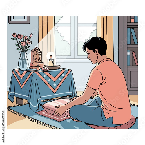 Man meditating at home altar with candle and flowers