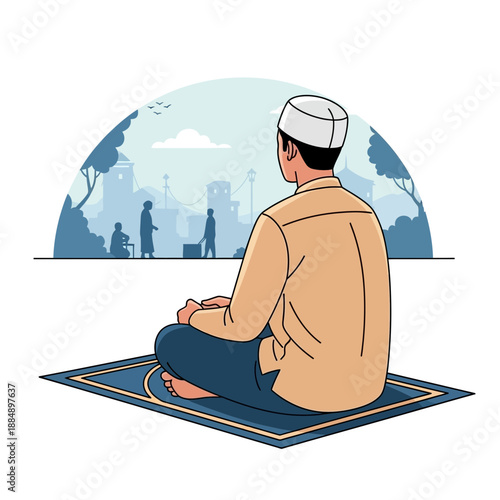 Man praying on mat in front of cityscape, illustration