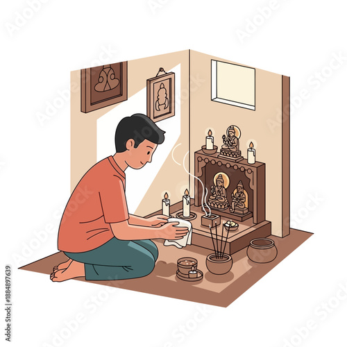 Man praying at home altar, cleaning Buddhist shrine with incense and candles