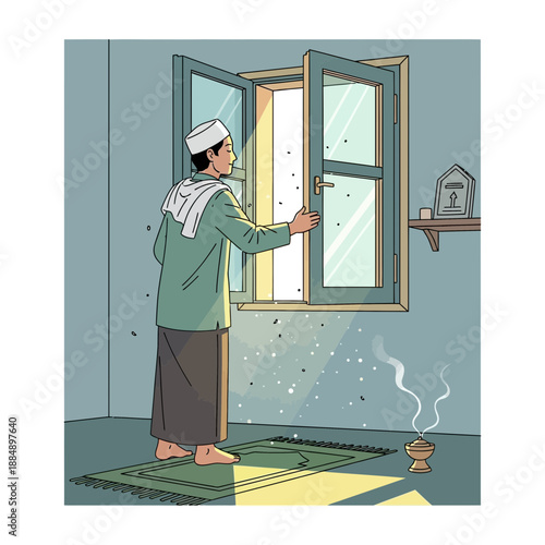 Man opening window, morning prayer, light rays, incense burner
