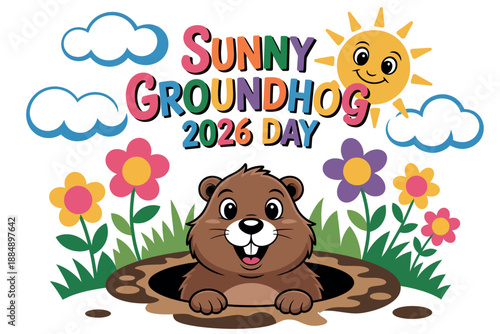 A cartoon groundhog emerges from its burrow on a sunny day with colorful flowers and clouds