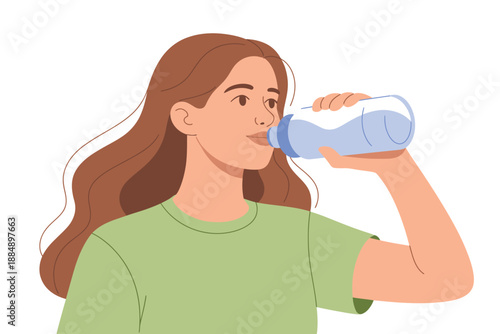 A young woman drinking water from a plastic bottle