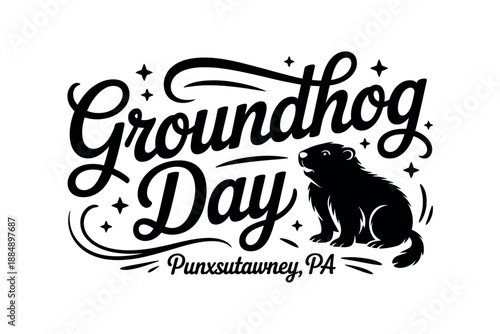 A black and white illustration of a groundhog for Groundhog Day in Punxsutawney, PA