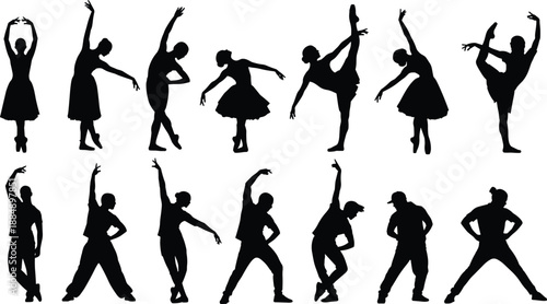 Vector illustration of fourteen dancer silhouettes, classical ballet and modern street dance poses, diverse choreography collection for design, performance, and artistic reference