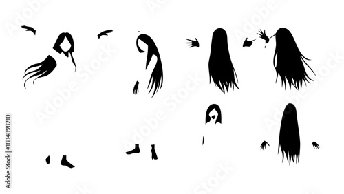 Set of Creepy Ghost Woman Silhouettes in Minimalist Black and White Style