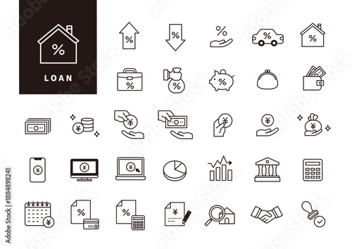 融資条件や金利・返済計画を可視化するローン・ファイナンスUIアイコンセット（アウトライン）