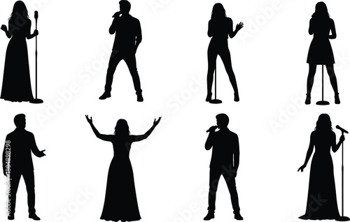 Vector illustration of eight singer silhouettes, men and women performing with microphones, diverse concert poses for design, stage, music, and artistic reference