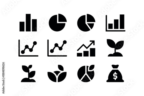 A collection of black and white business icons for finance and growth