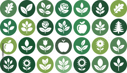 A collection of green icons featuring various plant and flower silhouettes on a white background