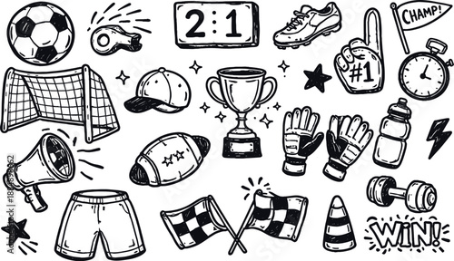 Hand drawn soccer doodle vector set with football equipment, trophies and sport icons in sketch line art style. Perfect for sports branding, logos, banners, stickers and football themed designs.