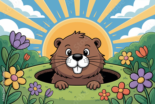 A cartoon beaver peeking out of a hole in a sunny meadow with colorful flowers