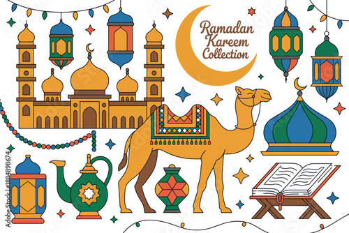 A colorful illustration of Ramadan Kareem Collection with mosque, camel, lanterns, and Quran