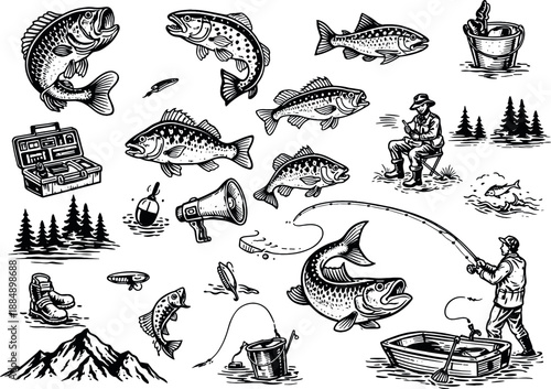 Hand drawn fishing themed vector set featuring anglers, fish, fishing gear, canoe, trees and mountains. Perfect for outdoor branding, logos, badges, posters and nature inspired designs
