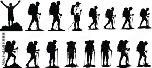 Vector illustration of fifteen hiker silhouettes with backpacks and trekking poles, diverse outdoor adventure poses for design, travel, fitness, and exploration reference