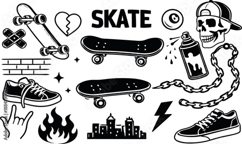 Hand drawn skateboarding illustration collection featuring skateboards, tricks and street style graphics. Ideal for t-shirt prints, youth branding and urban designs.