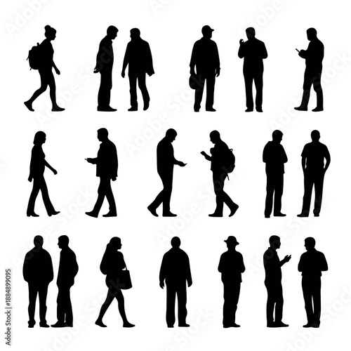 Diverse Group of People Silhouettes in Various Poses and Interactions.