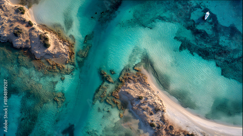 Aerial view of turquoise water, natural patterns, tranquil feeling