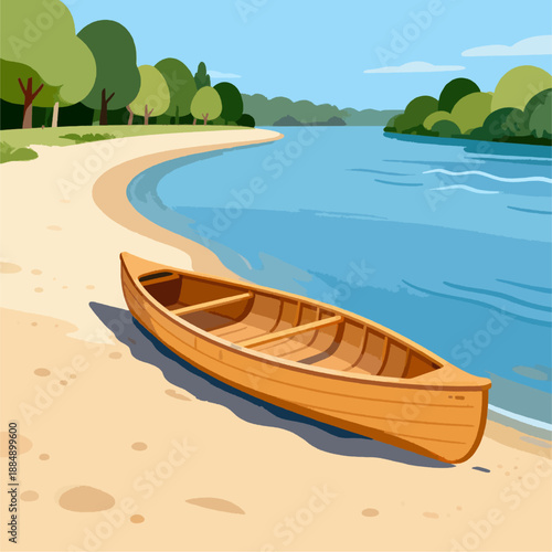 Wooden Canoe on Sandy Riverbank with Calm Blue Water and Forest Landscape