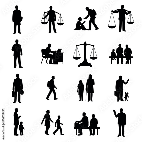 Diverse Silhouettes of People in Various Legal and Social Scenarios.