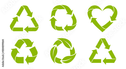 Set of green recycling symbols including arrows and heart shapes representing environmental sustainability.