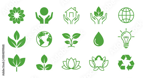 Set of green eco friendly and environmental icons representing sustainability and nature.