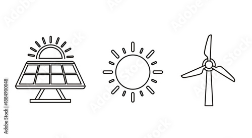 Set of renewable energy icons including solar panel, sun, and wind turbine.