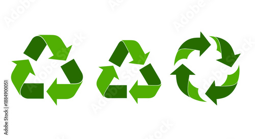 Set of three green recycling symbols representing environmental sustainability and eco-friendly practices.