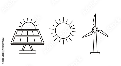 Line art icons representing solar panel, sun, and wind turbine for renewable energy concepts.