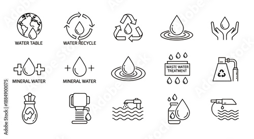 Set of water conservation and recycling icons with environmental symbols.