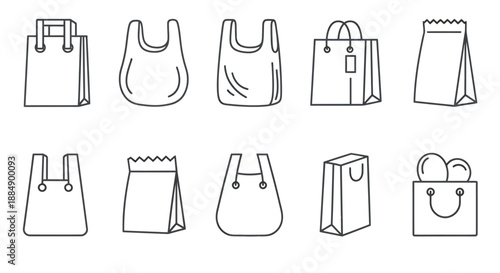 Set of various shopping and tote bag icons in simple black outline style.