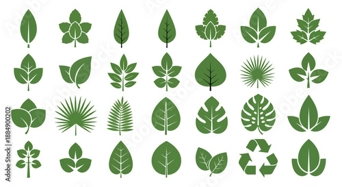 Collection of various green leaf icons and eco-friendly symbols in flat design.