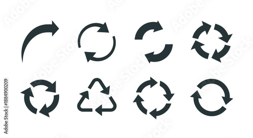 Set of eight black recycling and refresh arrow icons in various circular designs.