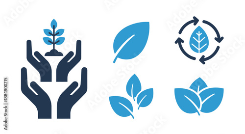 Set of blue icons representing environmental sustainability and plant growth concepts.