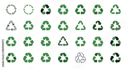 Collection of various green recycling symbols representing environmental sustainability and eco-friendly practices.