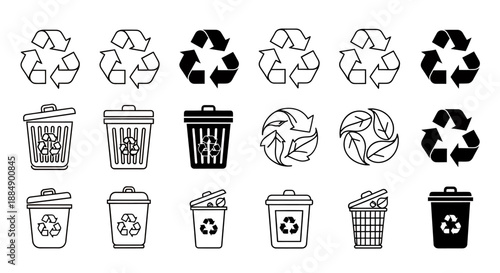 Set of various black and white recycling and waste bin icons with different styles and designs.