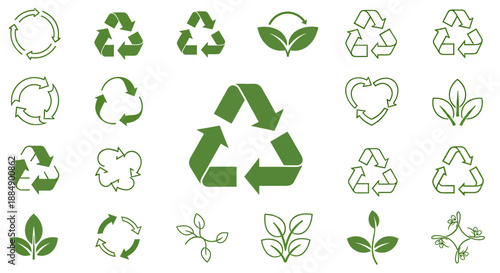 Collection of green eco friendly recycling and nature symbols.